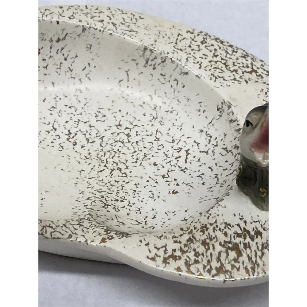 Vtg Ashtray Dish Whimsical Elephant Figurine White W/ Gold specks 6.5 x 4.5